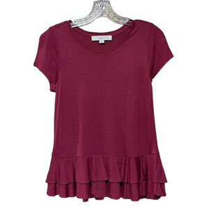 Ann Taylor LOFT Short Sleeve Ruffle Babydoll‎ Burgundy XXSP